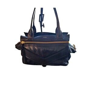 Botkier LEATHER HANDBAG Black TOP HANDLE SATCHEL Gold Studs POCKETS Y2K/Vintage